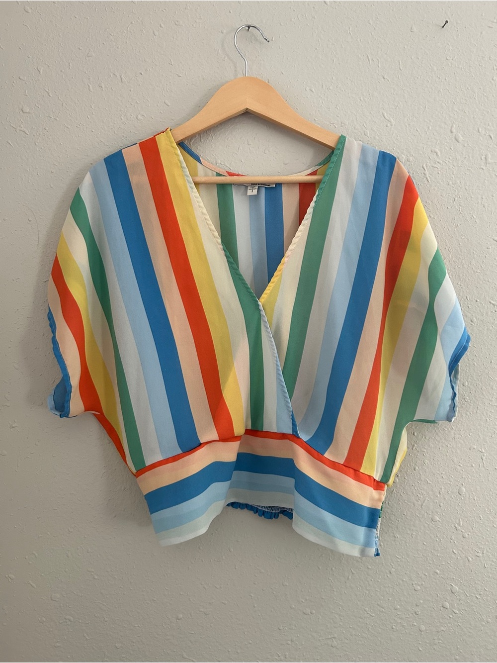 june & hudson Multi-Color Striped V-Neck Cropped Top Rainbow Pride Colorful